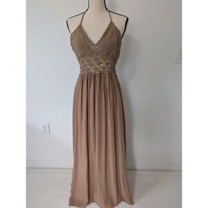 LILBETTER Womens Boho Tan Crochet Halter Open Back Maxi Dress Summer Free Spirit